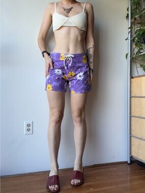 Purple Floral Drawstring Board Shorts